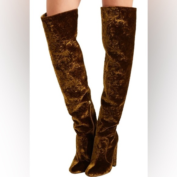 AQUAZZURA Over The Knee Thigh High Brown Velvet Brocade Block Heel Boho Boot - Picture 1 of 10